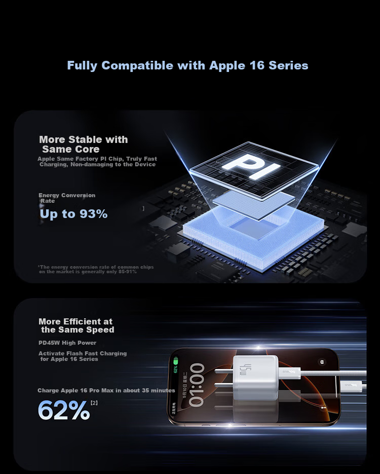 Baseus Dual-Core Charger, Apple 17 Charger PD45W Compatible with 40W GaN Fast Charging Head, IPhone17/16/15ProMax/Air Phone And IPad Charger Head, Starry Black 6