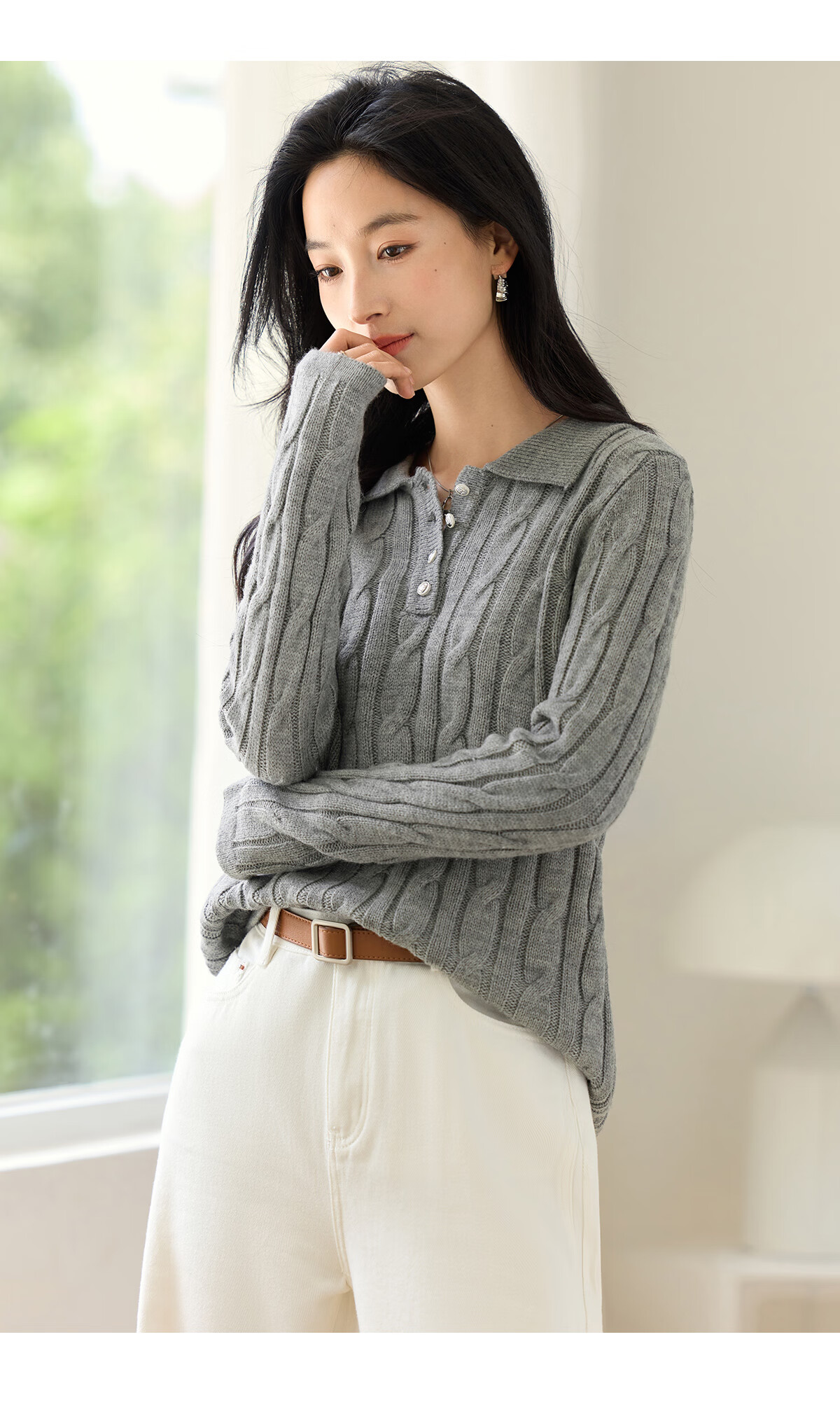 Chushen Spring Autumn Women's Classic Polo Cable Knit Fashion Versatile Sweater S53Z078 10