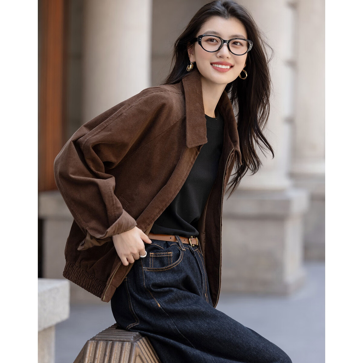 Demana [Gentle Velvet] Autumn Minimalist Retro Lapel Corduroy Elastic Hem Loose Petite Women's Jacket