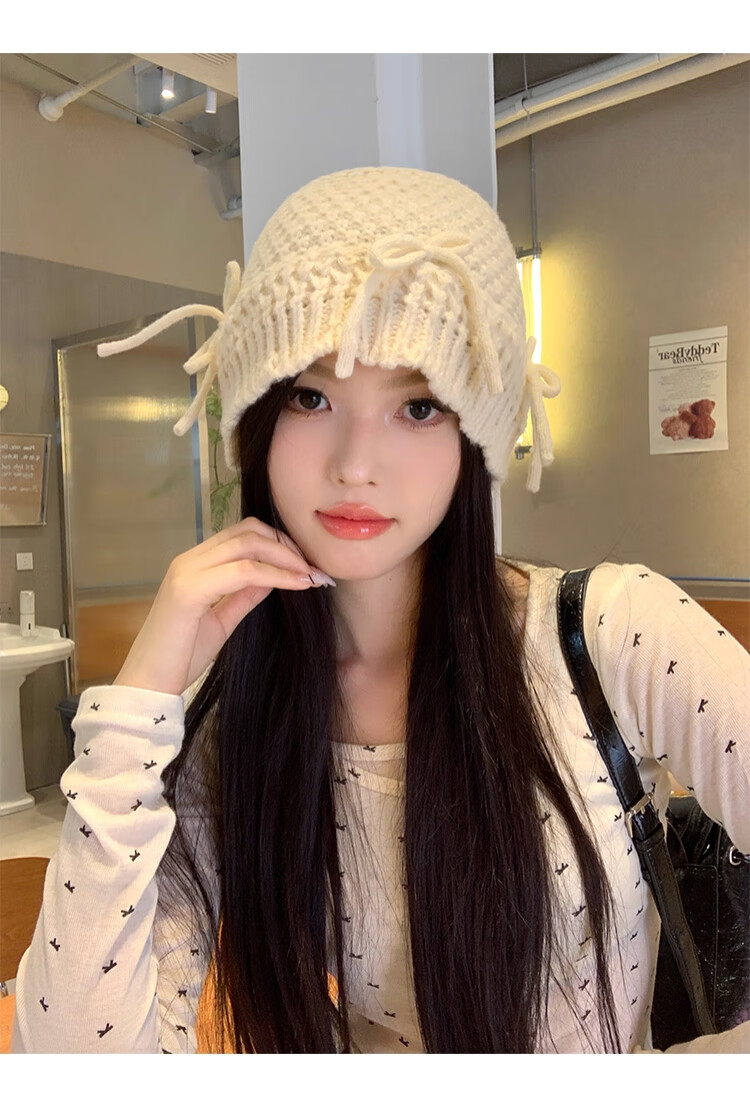 XUEXIMAN Ins Style Cute Bowknot Bucket Hat Women Versatile Sweet Knit Wool Hat Korean Autumn Winter New Hat 4
