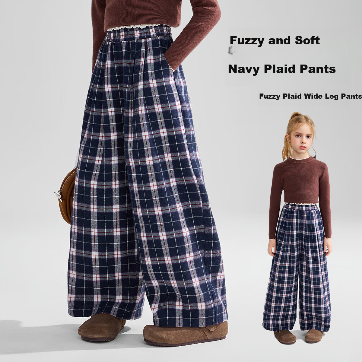 ASK JUNIOR Children's Pants, 2025 Autumn British Retro Style Straight-Leg Pants, Color-Block Plaid Trousers for Older Children, Girls' Pants 1