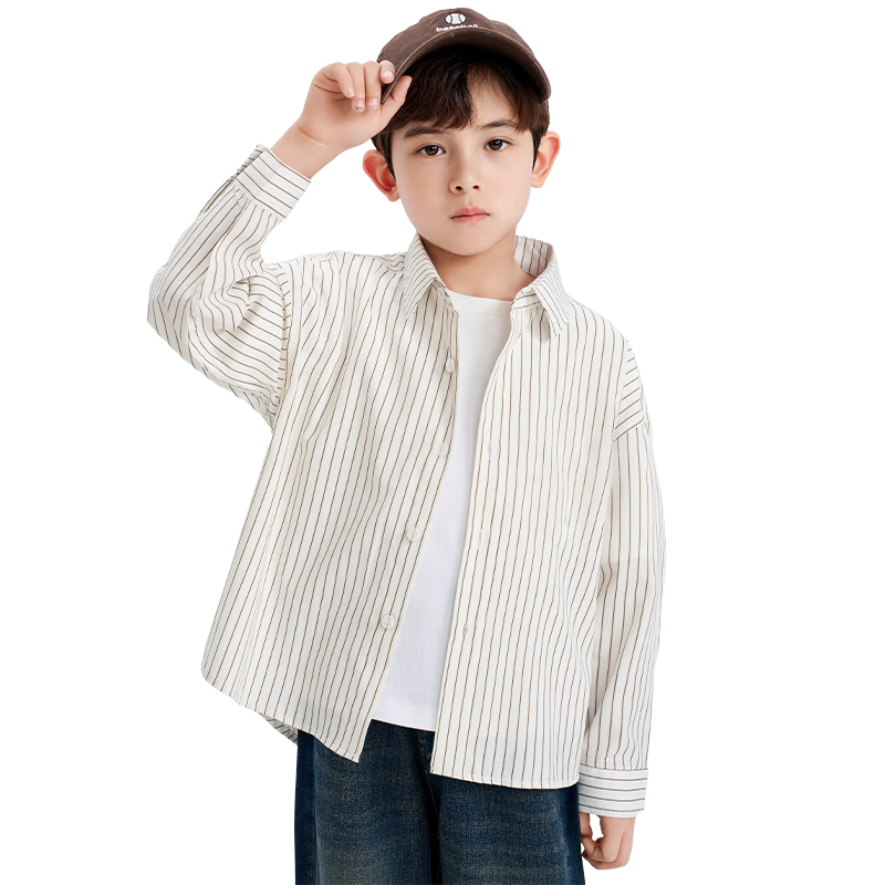 Luomeng Children's White Base Coffee-Colored Long-Sleeve Striped Shirt, Boys' Preppy Style Casual Versatile Spring And Autumn Shirt, White, Size 170