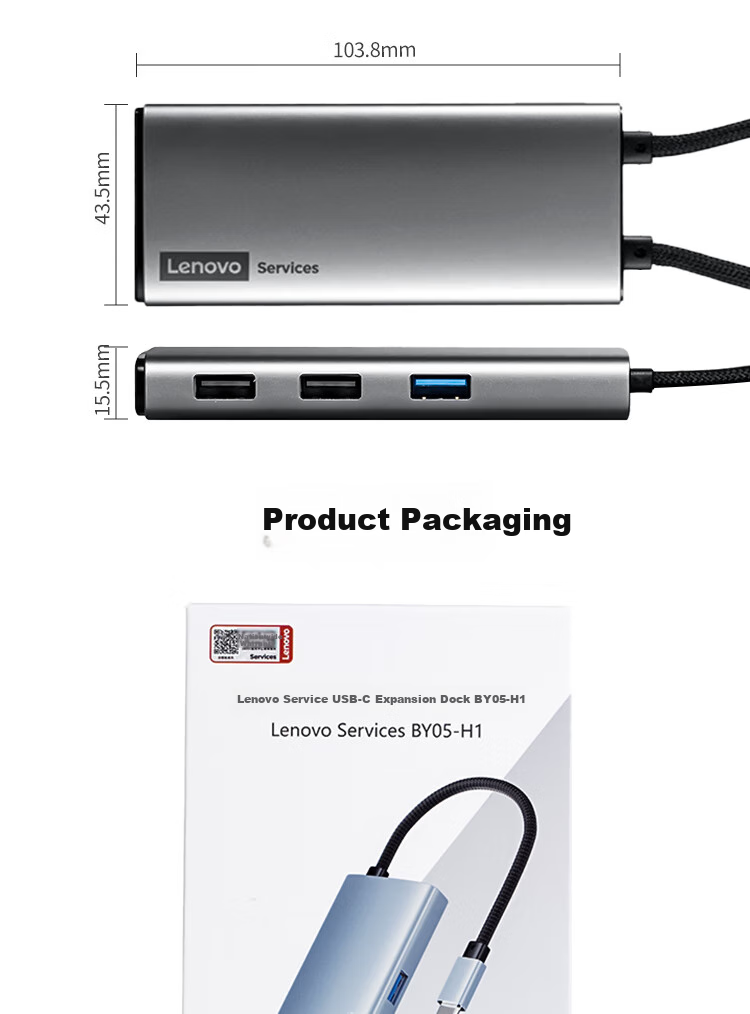 Lenovo Type-C Expansion Dock, USB Hub Splitter, USB Extender Hub, HDMI 4K HD PD 100W Converter, Laptop Expansion Dock BY05-H1 (Metal) 9