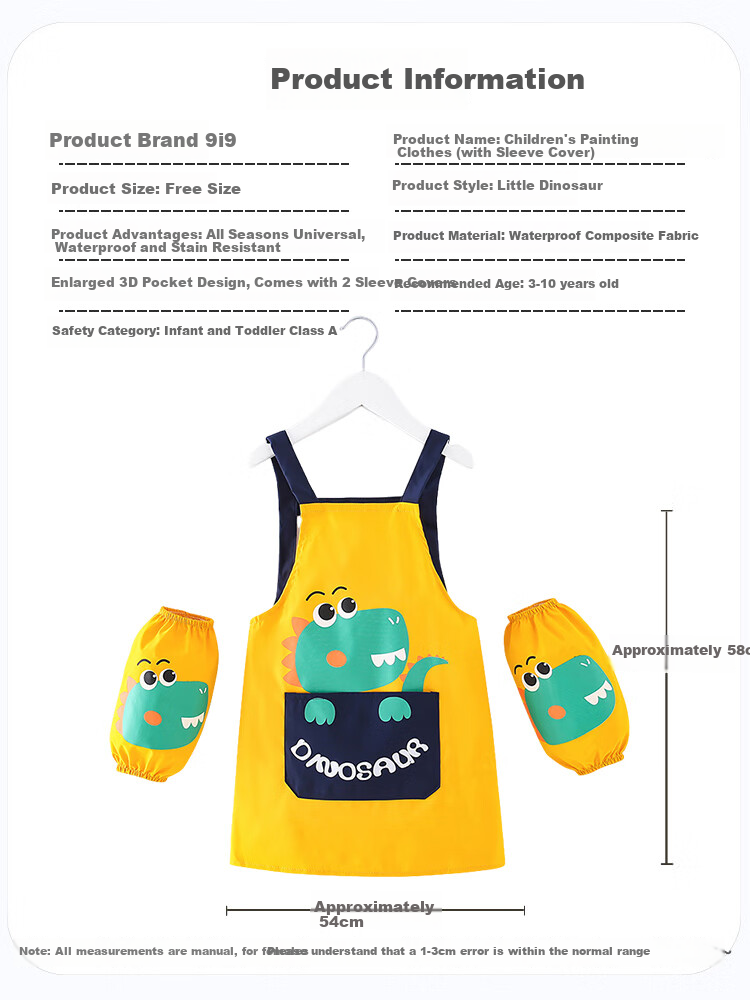 9I9 Children's Apron, Drawing Smock, Waterproof Baby Sleeve Covers, Kindergarten Eating Splash-Proof Clothing, Dinosaur A12 2