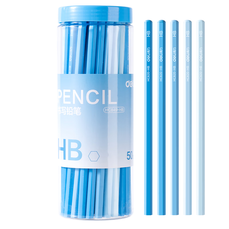 Deli HB Hexagonal Student 5-Color Gradient Wooden Writing Pencils Sketch Exam Drawing Pens Children's Handwriting Blue (50 pcs/cylinder) Back-to-School Stationery