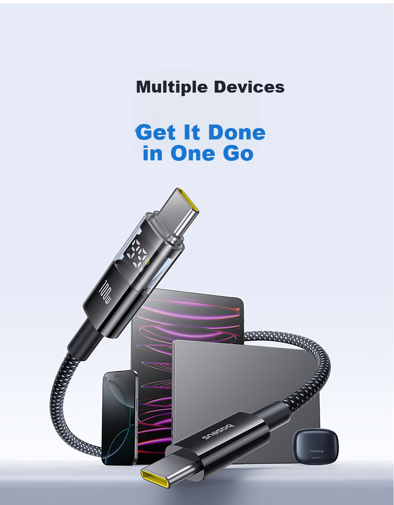 BASEUS Dual-Head Type-C Charging Cable, Digital Display PD100W Super Fast Charging Data Cable, Suitable for Huawei, Honor, Xiaomi, Apple 18/17/16/15 Phones, IPad, Laptops 9