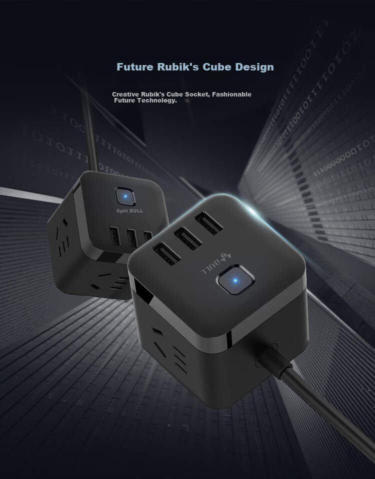 BULL Cube USB Power Strip/Extension Cord/Power Bar/Outlet Strip 3 USB Ports + 3 Sockets, 3 Meters Long, Black, GN-U303H Master Switch 2