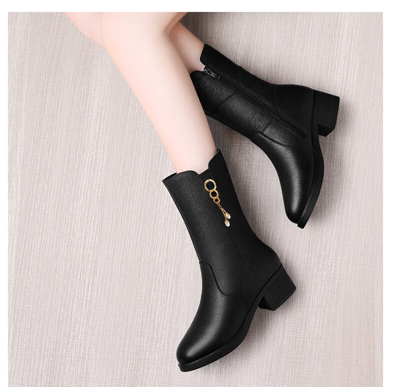 FUGUINIAO Genuine Leather Cowhide Women's Ankle Boots Autumn Winter Fleece Lined Warm Round Toe Chunky Heel Mid-Calf Boots Black Short Fleece Size 39 7