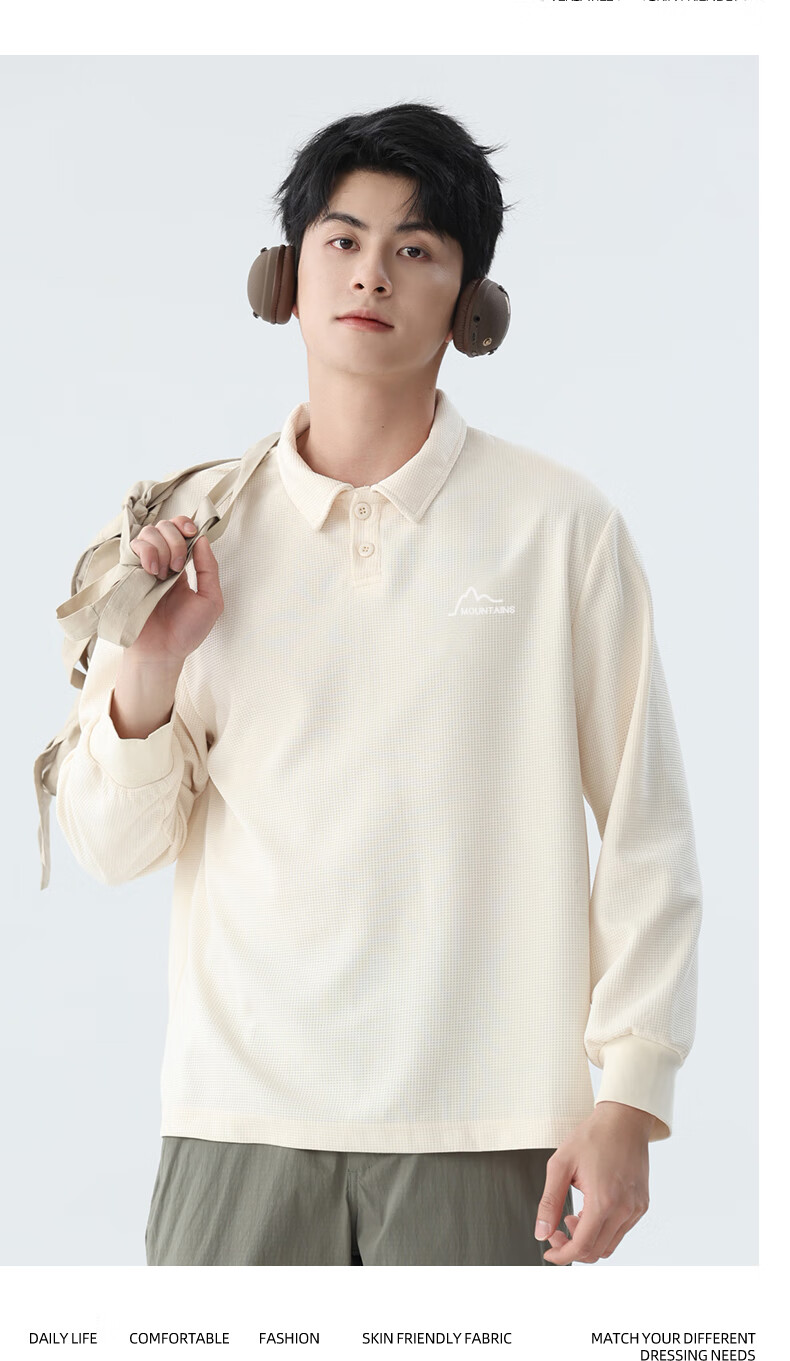Baleno Men's Long Sleeve Polo Shirt Autumn 290G Heavyweight Waffle Knit Collar Sports Casual Loose T-Shirt 3
