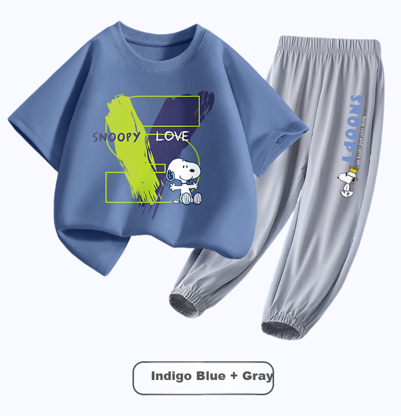 SNOOPY Children's Clothing Short-Sleeve Set for Boys And Girls, Pure Cotton T-Shirt with Mosquito-Repellent Pants, Indigo Lettering with Gray Crown, Size 160 4
