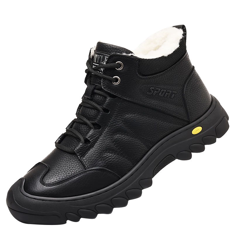 Hengyuanxiang Men's First Layer Cowhide Autumn Winter Fleece-lined Martin Boots Lace-up Work Cotton Shoes J0998 Black Size 44