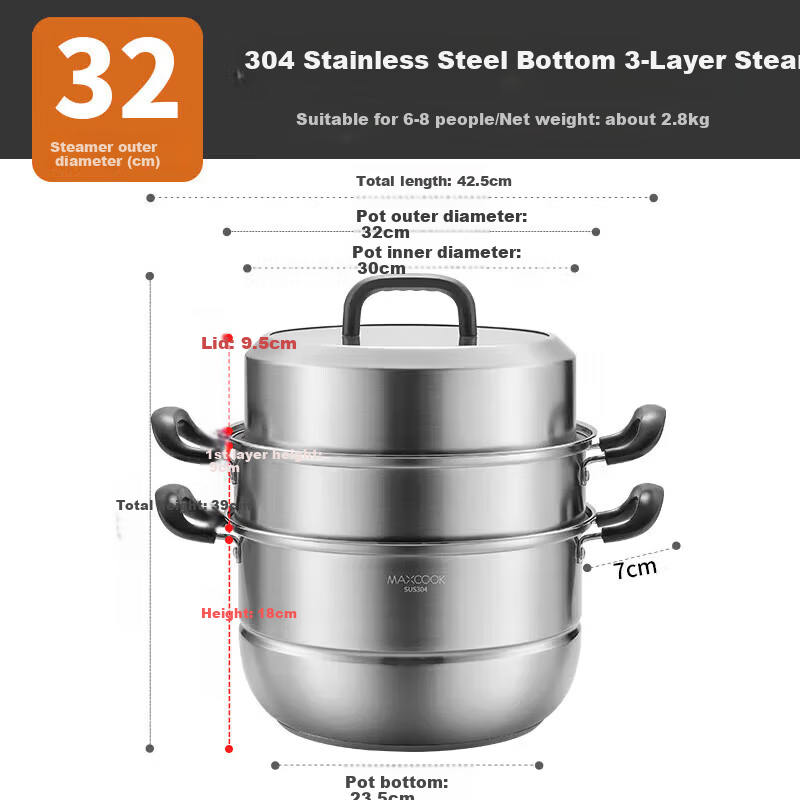 MAXCOOK Steamer Pot, 304 Stainless Steel 32CM Three-Layer Steamer Pot, Thickened Base Soup Pot, Compatible with Induction Cooker MCZ8213