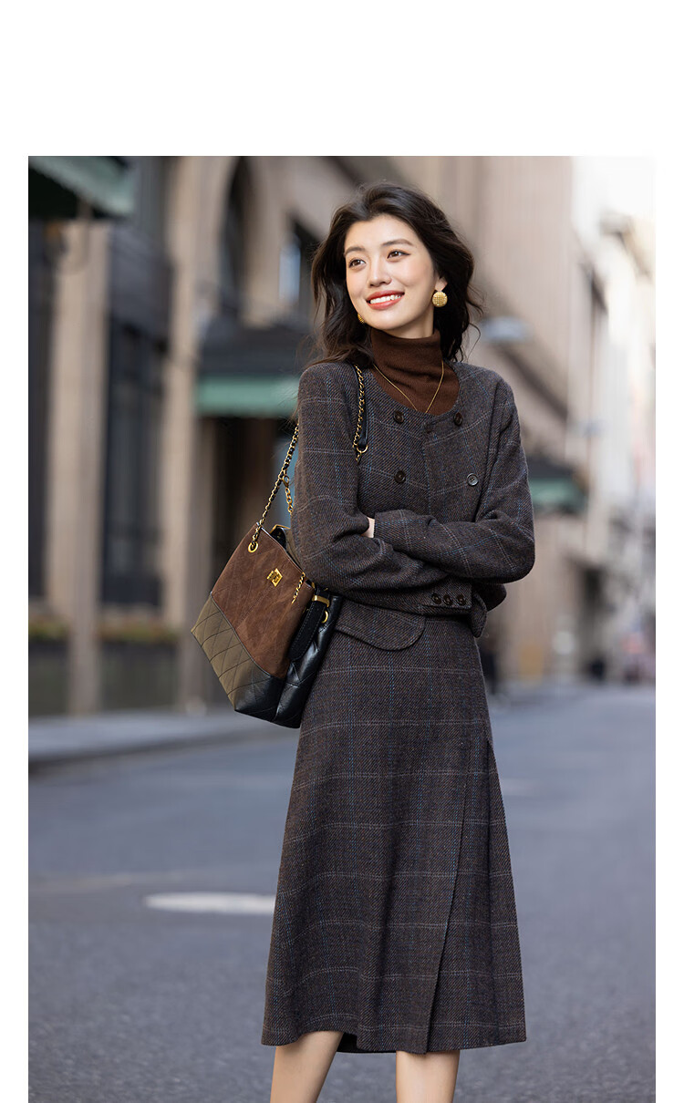 Demana Vintage Socialite Set Winter Wool Blend Crew Neck Cropped Top and Plaid A-Line Skirt Two-Piece Set for Women 1