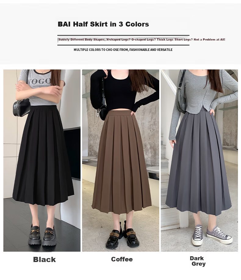 LangSha Pleated Skirt Women's Spring Vintage Mid-Length A-Line Skirt Elastic Waist Slim Fit Suit Umbrella Skirt 8