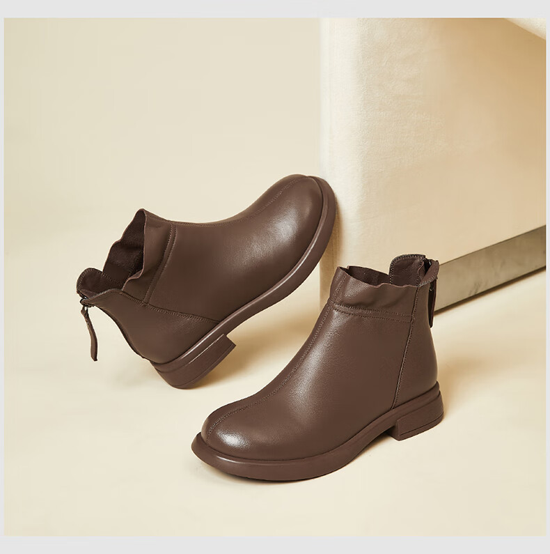Fugui Bird Genuine Sheepskin Leather Ankle Boots Women Autumn Winter Fleece Lined Warm Fashion Boots Round Toe Chunky Heel Black Fleece Lined Size 37 10