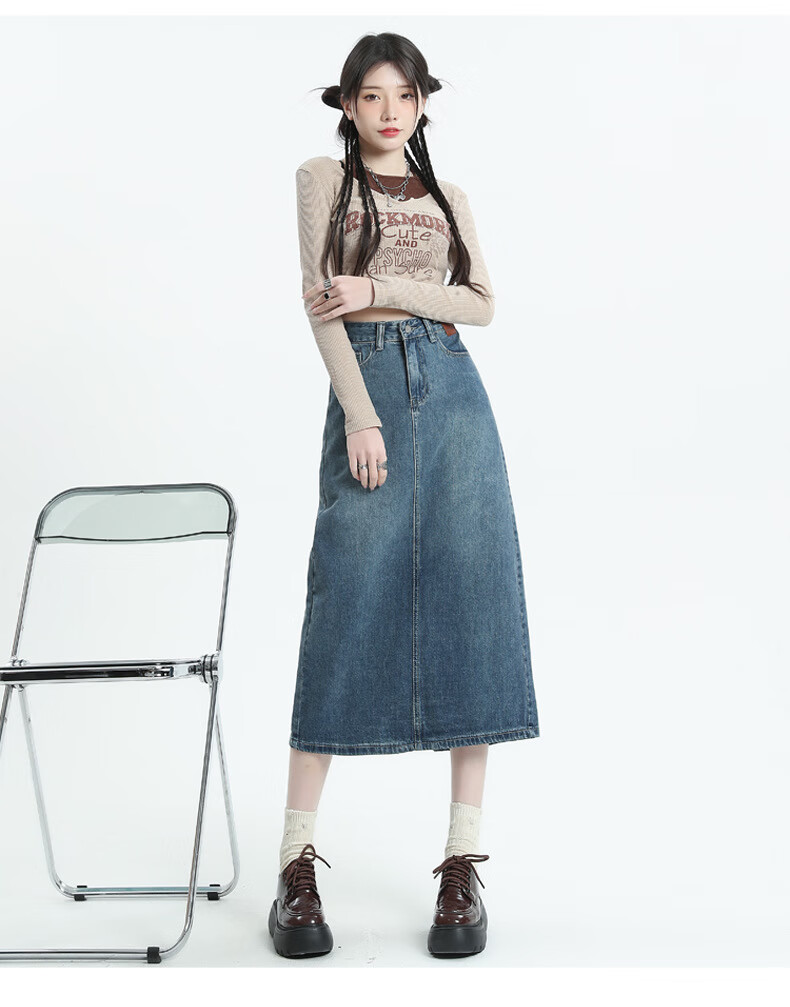 Langsha Women's Denim Skirt 2026 New High-Waist A-Line Slimming Back Slit Casual Mid-Length Pencil Skirt 19