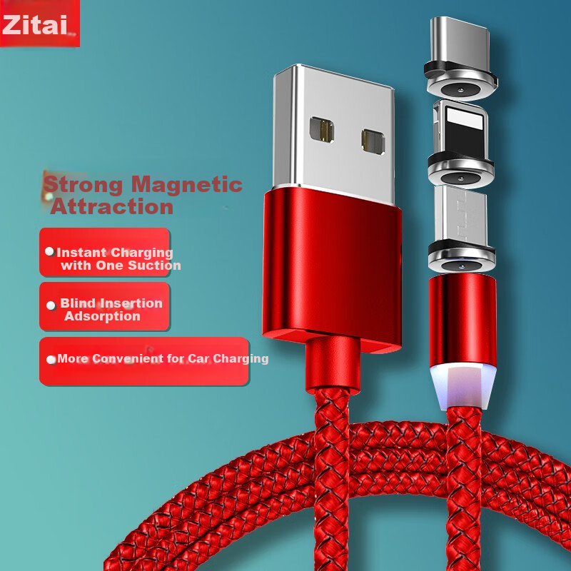 Магнитный кабель ZiTai для зарядки 3-в-1, 1 метр, красный, подходит для Apple Type-C/Android, быстрая зарядка для iPhone 14/13/12/Huawei/Xiaomi/Honor