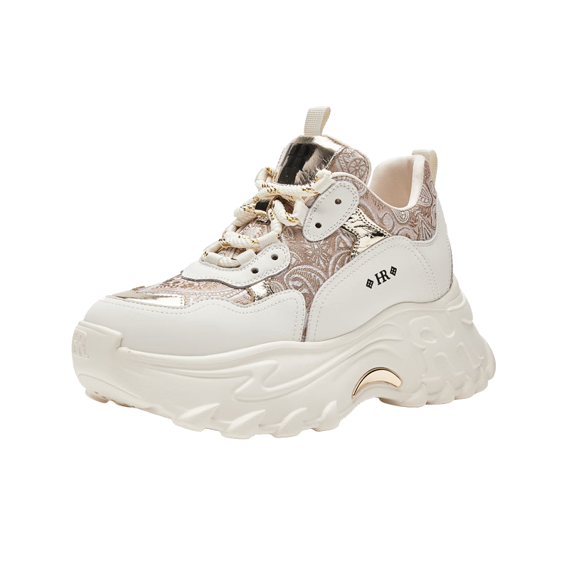 HRHR Women's Dad Sneakers 2025 Autumn Winter New Thick Sole Lace-up Casual Sports Shoes Champagne Beige Size 38