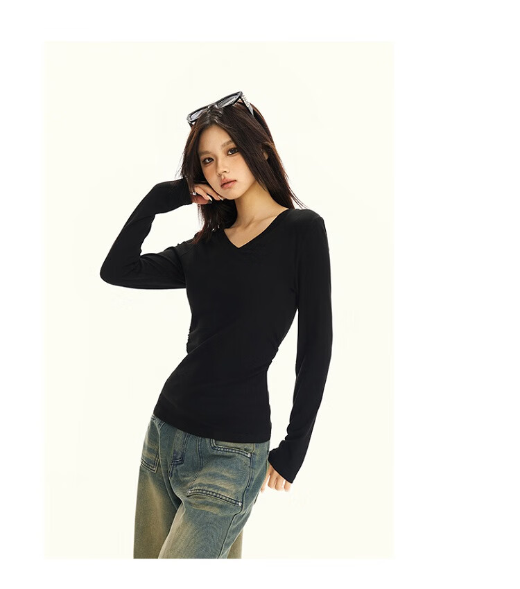 La Chapelle Black V-Neck Long Sleeve Slim Fit T-Shirt for Women 2025 Autumn Winter New Black XL 7