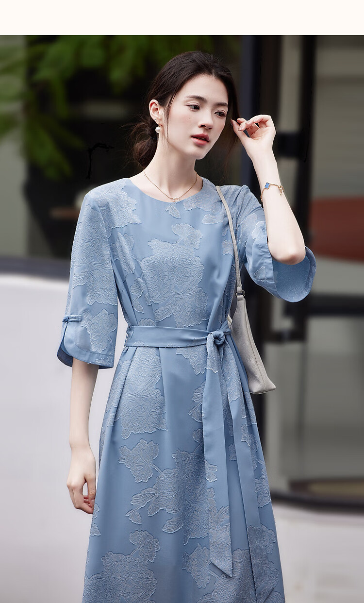 Dme (Unbelievably Comfortable) Spring And Autumn Delicate Jacquard Flared Seven-Quarter Sleeve Classical Button-Up Loose-Fitting Dress with Hidden Pockets 10