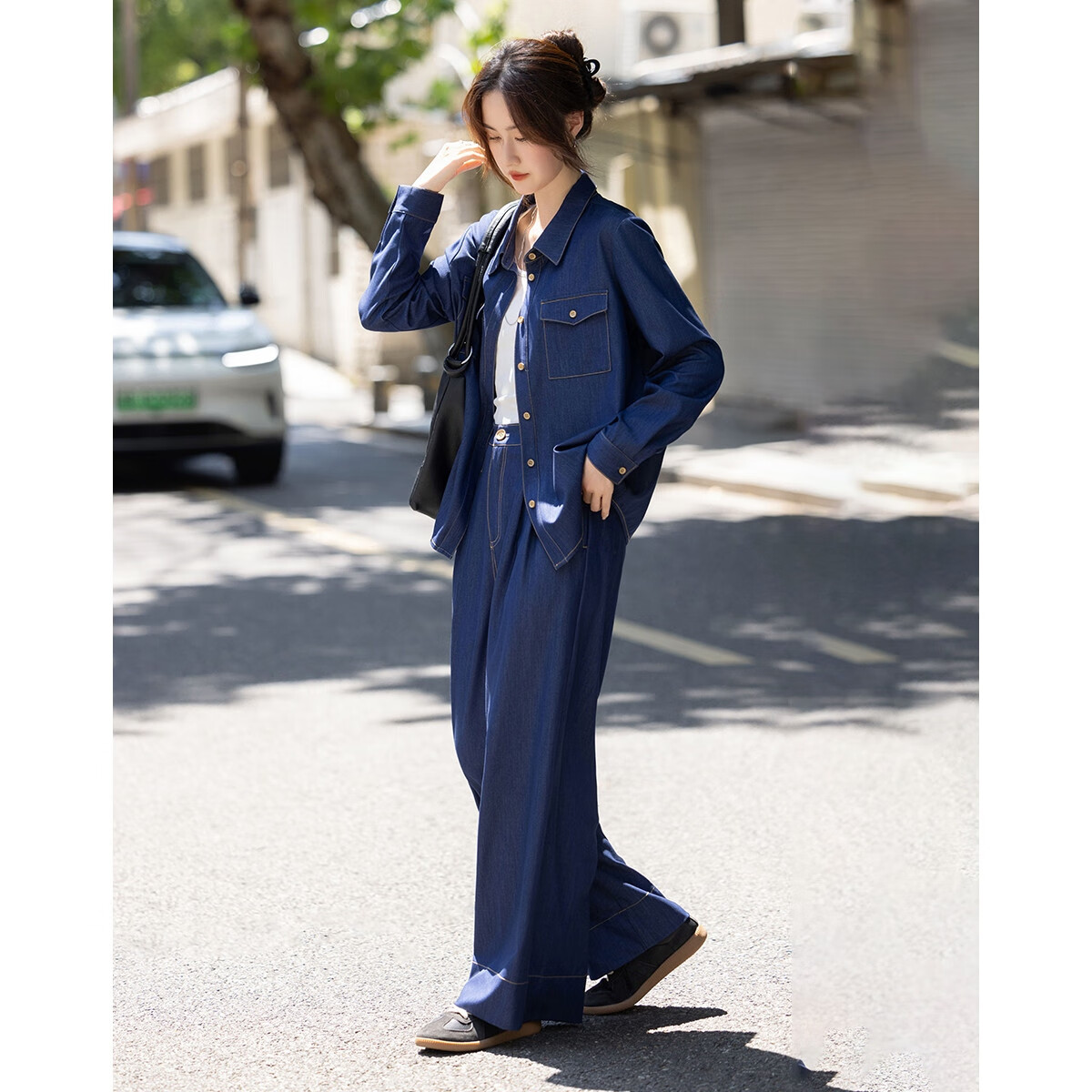Demana Japanese Style Set Autumn Lapel Large Pocket Loose Shirt Half Elastic Waist Wide Leg Pants Women's Two-Piece Set