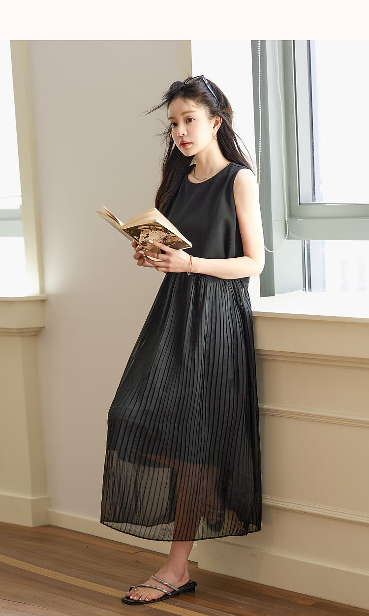 Demana Irregular Waistline Design Spring Literary Pleated Sleeveless Pleated Slimming Women's Dress 9