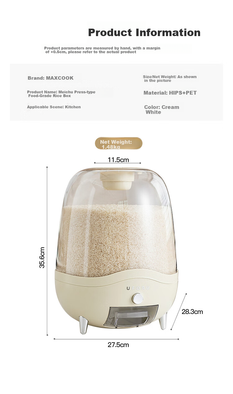 MAXCOOK Rice Container, Storage Jar, Rice Storage Bin, Household Insect-Proof And Moisture-Proof Rice Bucket, Rice Storage Box, 10 Jin Capacity, MCX2967 7