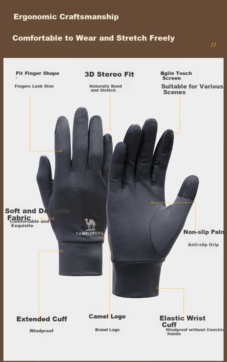 CAMEL Touchscreen Gloves for Men, Non-Slip, Fleece-Lined, Warm, Outdoor Sports Thin Gloves, Winter Women's A1W3GZ103 Ink Black L 13
