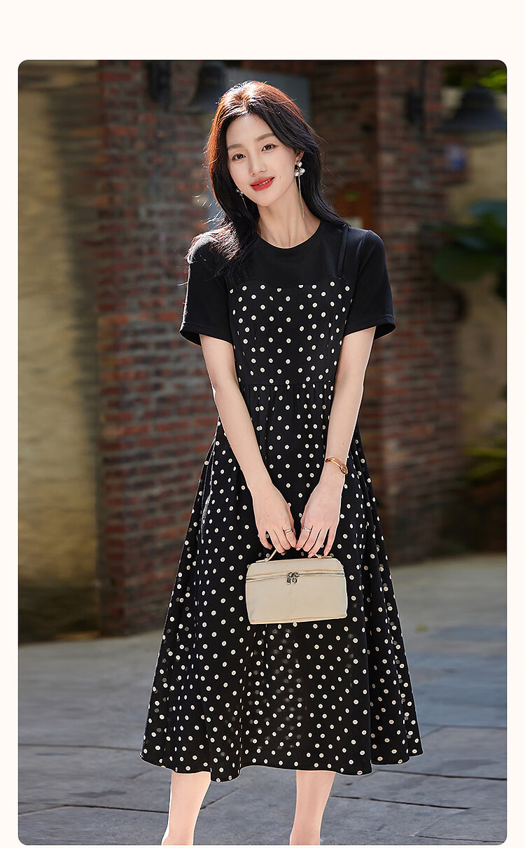 Demana Romantic Polka Summer Faux Two-Piece Spliced Polka Dot Chiffon Short Sleeve Waist Cinched Pleated Women's Dress 1