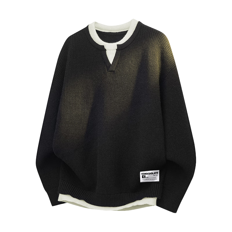 :CHOCOOLATE IT Fake Two-Piece Sweater Men Autumn Trendy Patchwork Loose Comfortable Knit Jacket Black 2XL