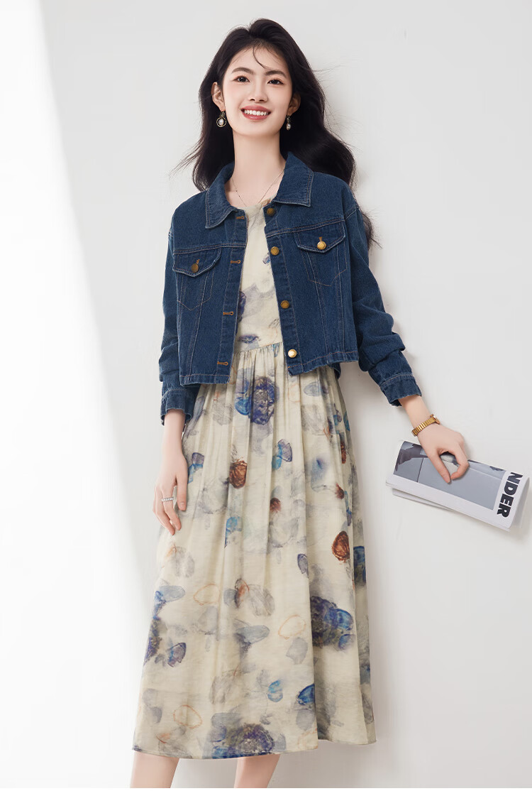Xinfeiyu Vintage Denim Embroidered Short Jacket for Women, Spring 2026 New Stylish Versatile Printed Dress Two-Piece Set Hong Kong Style Outfit 3