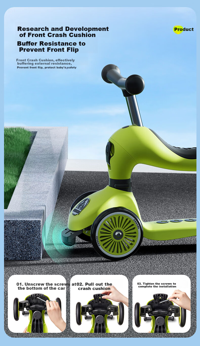 COOGHI Children's Scooter V2 Two-In Multifunctional Kids' Bike, Gravity Steering, Quiet, for Ages 1-5, Birthday Gift, Classic Gree 15