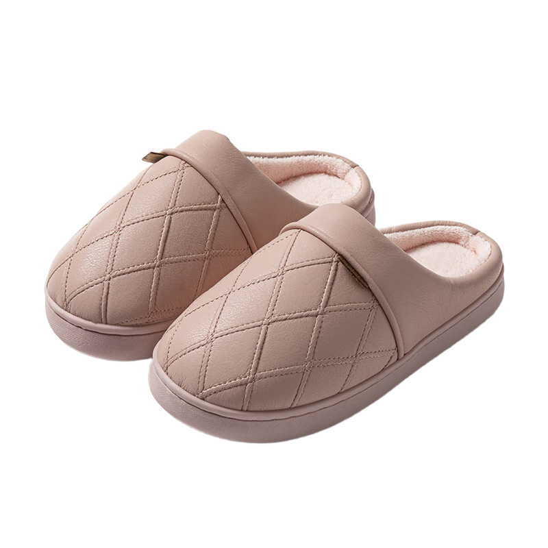 She Enjoy Men's Winter Plush Warm PU Leather Waterproof Non-slip Home Cotton Slippers TR7291 Pink 38-39