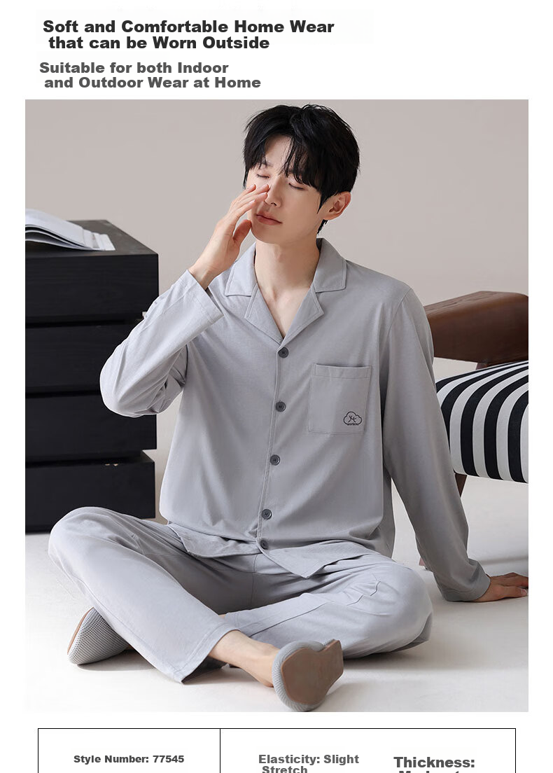 Ziyouxi Men's Pajamas Spring And Summer Pure Cotton Comfortable Home Wear Set, Wearable Outside, Turn-Down Collar, Simple Casual Cardigan Long Style 6
