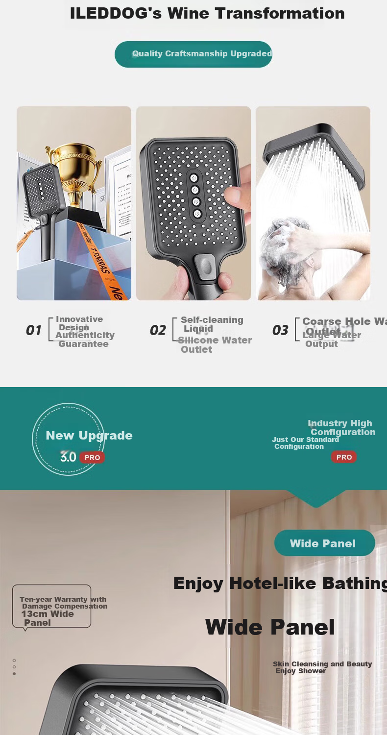 ILeddog [Germany] Pressurized Shower Head, Three-Speed High Flow Rate, Square Large Panel, Three-Piece Set with Shower Head SL-002 3