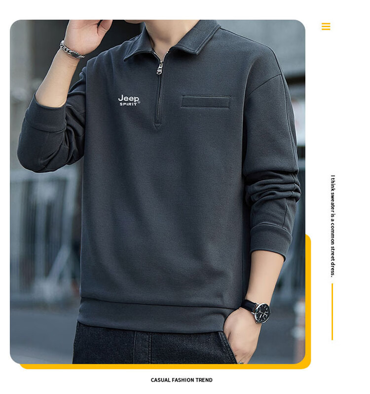 JEEP SPIRIT Men's Sweatshirt, Spring Season, Lapel Collar, Half-Zip, Loose Casual Top, Dark Gray, 4XL 5