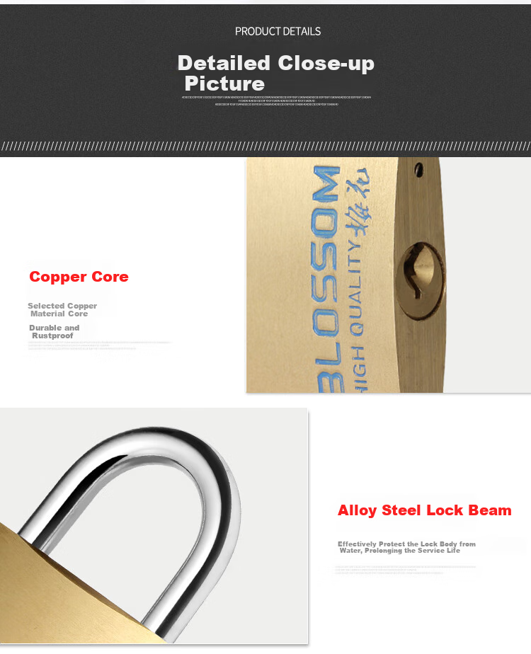 BLOSSOM Copper Padlock, 45MM, Double Latch Anti-Theft Rust-Resistant Lock, for Trunk And Cabinet Doors, 075 4