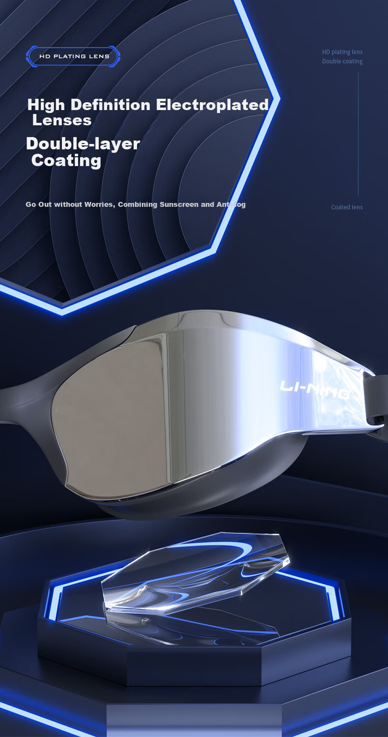 Li-Ning Swimming Goggles for Women And Men, Large Frame with Coating, Cool Design, High Definition, Waterproof, Anti-Fog Glasses, Model 505 White And Blue 2