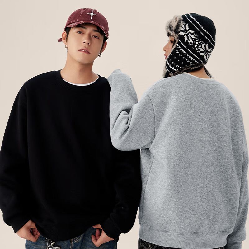 MINISO Men's Winter Thickened Fleece Pullover Hoodie Simple Casual Youth Trendy Crewneck Dark Gray L