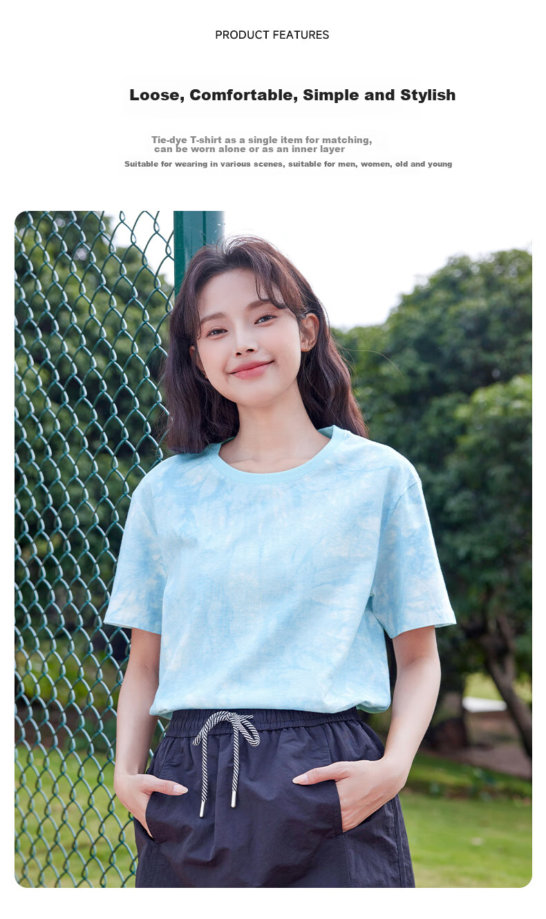 Baleno 100% Pure Cotton Dopamine Tie-Dye Short-Sleeve T-Shirt for Women, Summer 2026 New Round Neck Loose Half-Sleeve Women's Clothing 9