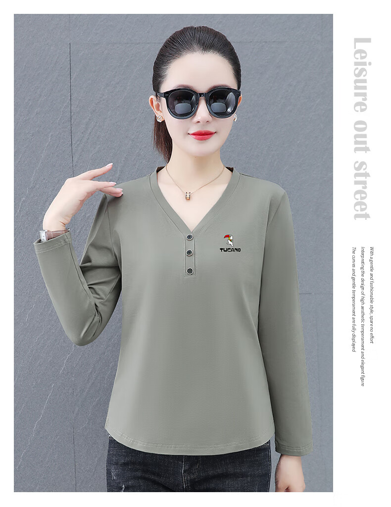 Woodpecker V-Neck Raglan Long Sleeve T-Shirt Women Autumn New Pure Cotton Fashion Casual Plus Size Base Shirt Top Gray Green 2XL 13