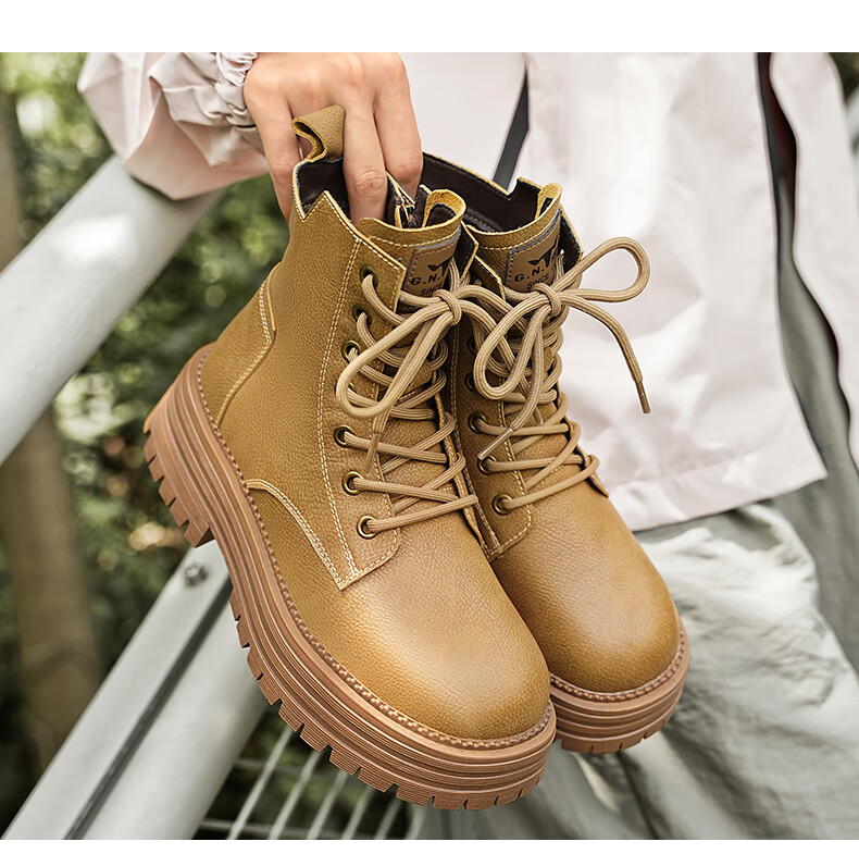Bull Family Martin Boots Women Autumn Winter New British Style Thick Sole Height Increasing Ladies Work Shoes Outdoor Hiking Shoes 13