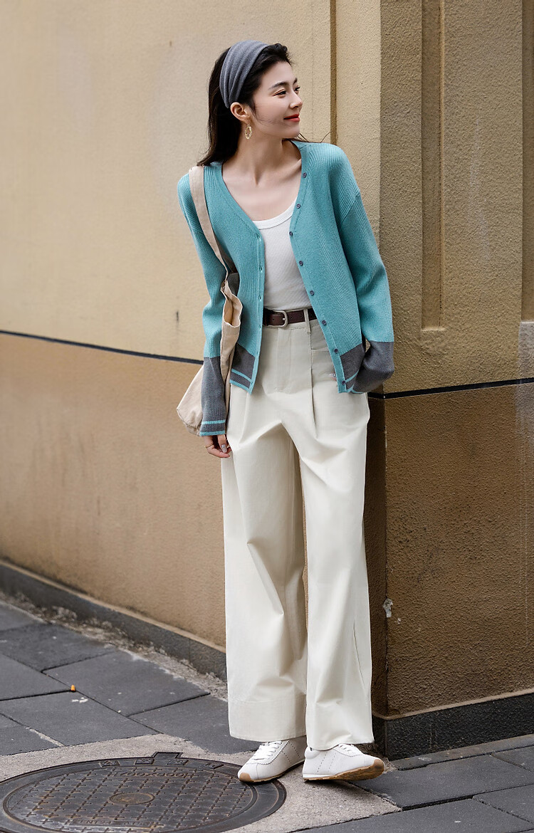 Demana Soft Wool Blend Spring Autumn Gentle V-Neck Colorblock Cardigan Drop Shoulder Knit Top for Women 5