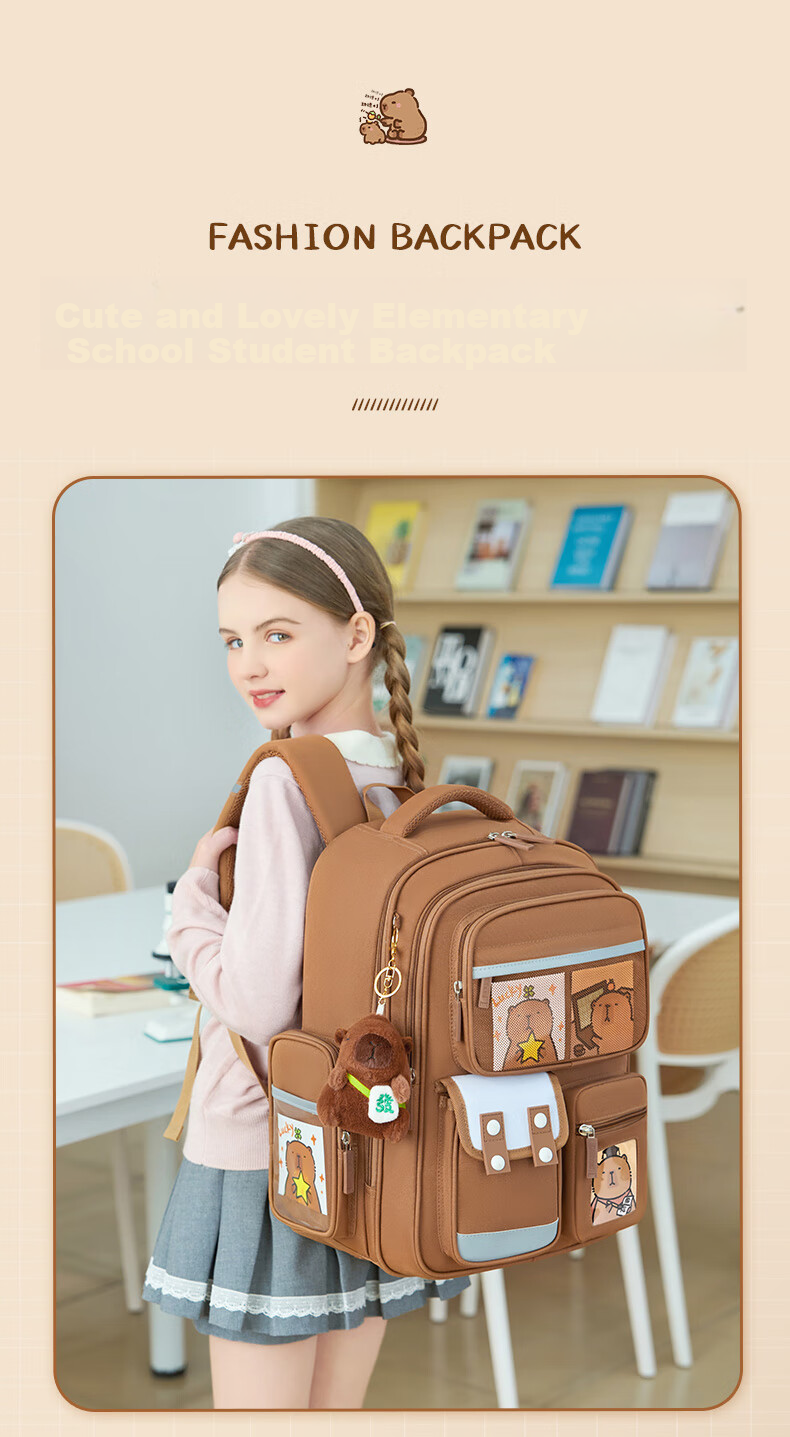 Dishuai Capibala Elementary School Backpack for Girls Grades 1-3 Lightweight Spine-Protecting Large Capacity Children's Backpack for Boys 4