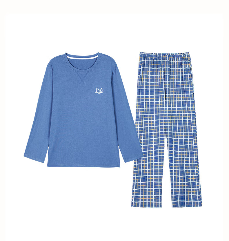 Manza Pure Cotton Pajamas for Men, Spring And Autumn Wear, 2025 New Style Plaid Long-Sleeve Pants, Loose-Fitting Men's Loungewear 1
