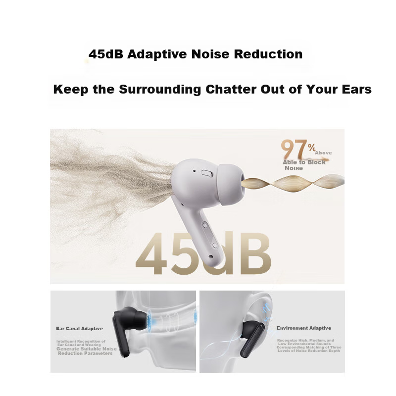 Беспроводные наушники QCY Buds ANC с активным шумоподавлением, True Wireless Bluetooth, 45 дБ, защита от шума при звонках, низкая задержка для игр, спортивные, совместимы со всеми смартфонами, цвет "Каменный Серый"
