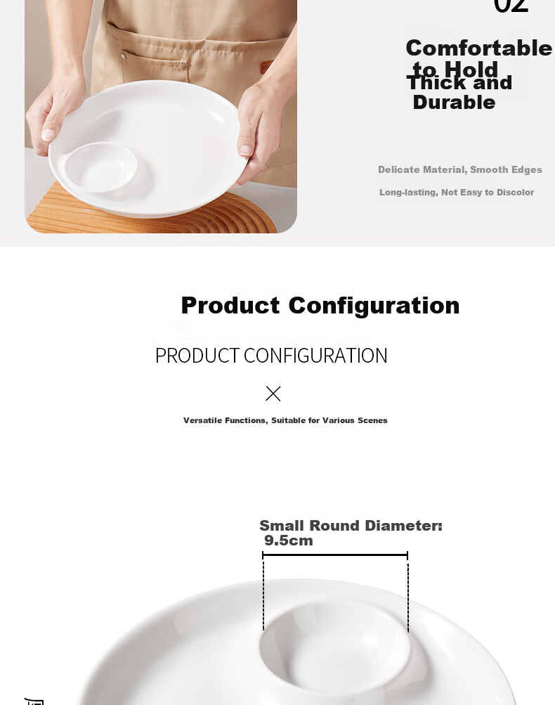 Baijie Ceramic Dumpling Plate with Vinegar Dish, Household Dipping Plate, Divided Plate, Snack Plate, French Fries And Shrimp Plate, Single Piece Double Plate 11
