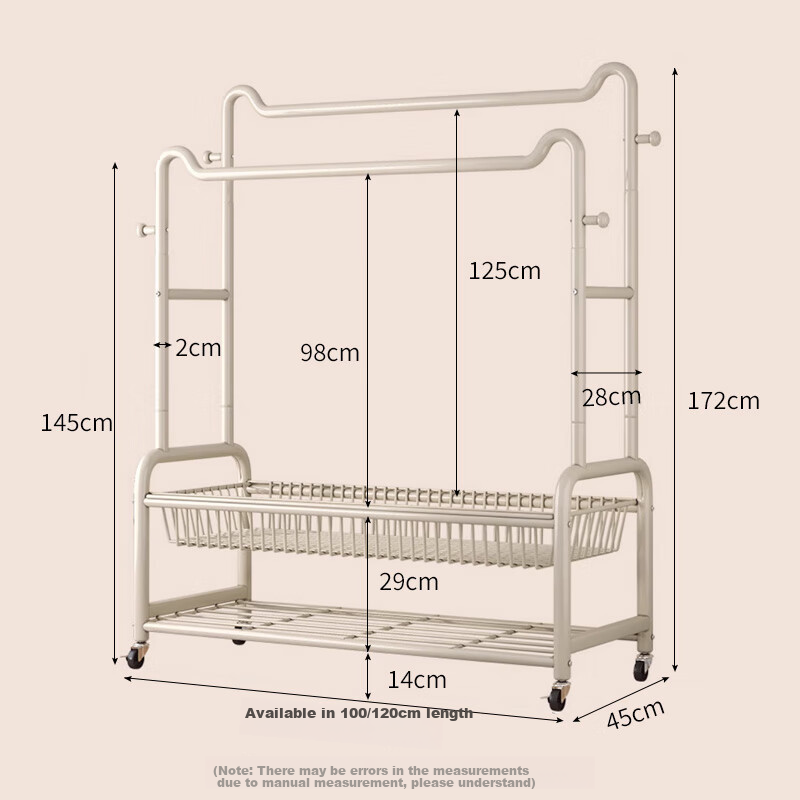 Yupin Floor-Standing Coat Rack, Movable Clothes Hanger Stand YJ138, Double-Layer Milk White, 100cm