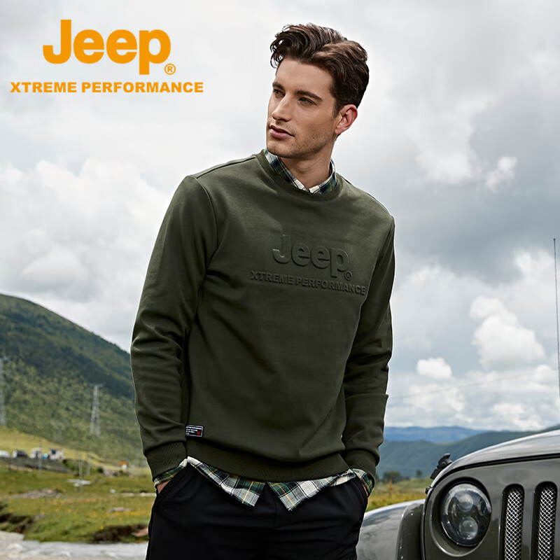 Jeep Men's Autumn Fleece-Lined Warm Long Sleeve Outdoor Loose Fit Crewneck Pullover Sweatshirt 4366