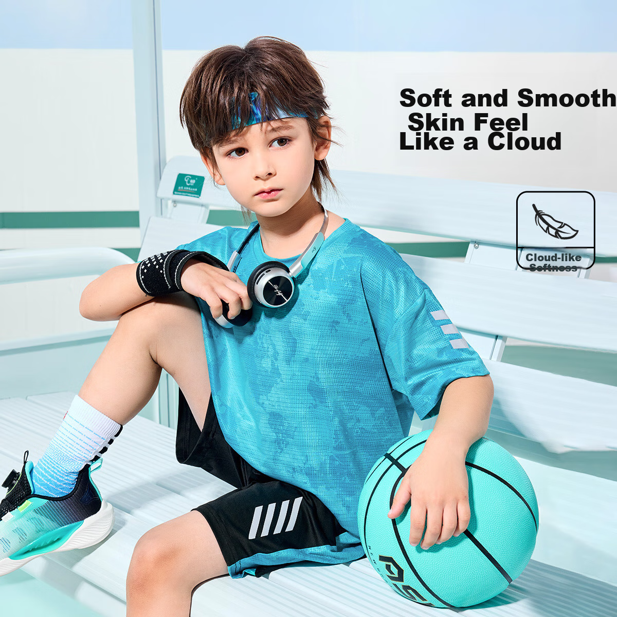 ASK JUNIOR [Quick-Dry Series] Children's Set, Moisture-Wicking And Breathable Summer Boys' Short-Sleeve T-Shirt And Shorts Two-Piece Set, Blue-Green, Size 110 2